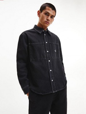 Black Calvin Klein Relaxed Denim Men Shirts | VWDJ-09263