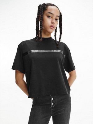 Black Calvin Klein Relaxed Embossed Logo Women T-Shirt | FKBI-05234