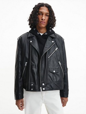 Black Calvin Klein Relaxed Leather Biker Men Jacket | NEVB-48179