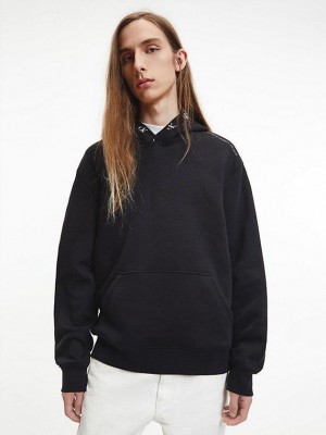 Black Calvin Klein Relaxed Logo Tape Men Hoodie | WCSE-54726