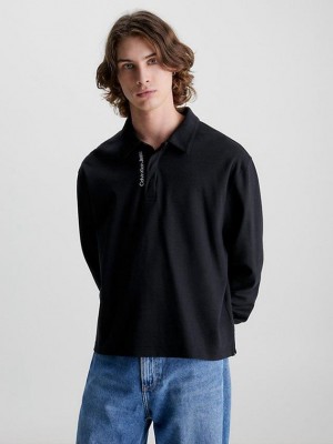 Black Calvin Klein Relaxed Long Sleeve Men Polo Shirt | MCWP-45803