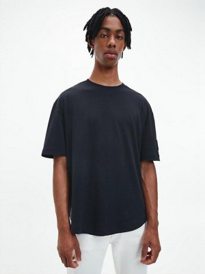 Black Calvin Klein Relaxed Monogram Badge Men T-Shirt | XHWP-03621