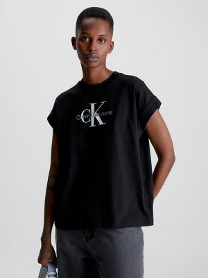 Black Calvin Klein Relaxed Monogram Women T-Shirt | BSLA-07853