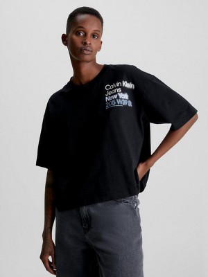 Black Calvin Klein Relaxed Organic Cotton Women T-Shirt | KXDV-18053