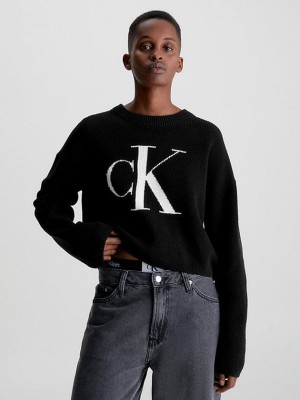 Black Calvin Klein Relaxed Organic Cotton Logo Jumper Women Sweater | QITK-76935