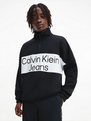 Black Calvin Klein Relaxed Zip Neck Men Sweatshirt | VXJL-16935