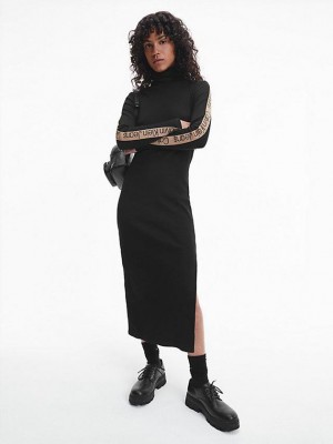 Black Calvin Klein Rib-Knit Logo Tape Maxi Women Dress | SITY-41238