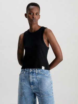 Black Calvin Klein Ribbed Cotton Tank Women Top | VOSW-57180