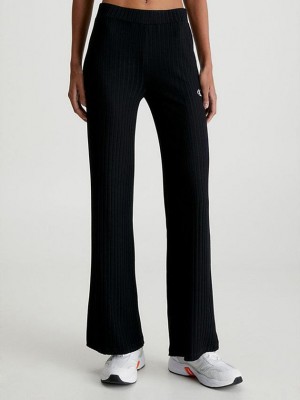 Black Calvin Klein Ribbed Jersey Flared Women Pants | INOP-80347