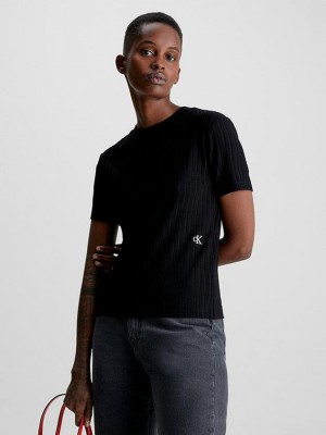 Black Calvin Klein Ribbed Jersey Women T-Shirt | OXPF-51093