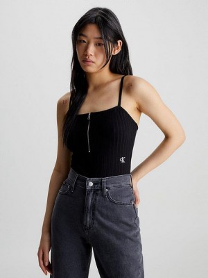 Black Calvin Klein Ribbed Jersey Zip Up Women Bodysuit | ATXH-19280