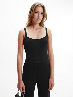 Black Calvin Klein Ribbed Knit Tank Women Top | TRHL-14029