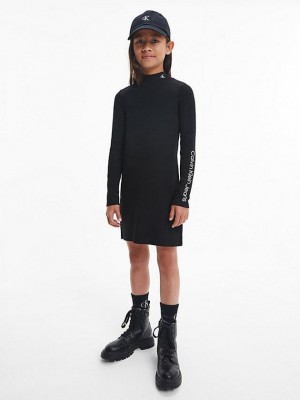 Black Calvin Klein Ribbed Logo Girls's Dress | NETK-20716