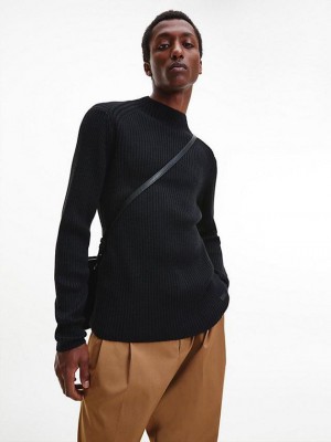 Black Calvin Klein Ribbed Mock Neck Jumper Men Sweater | LURY-03859