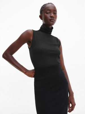 Black Calvin Klein Ribbed Roll Neck Tank Women Top | NTUA-29175