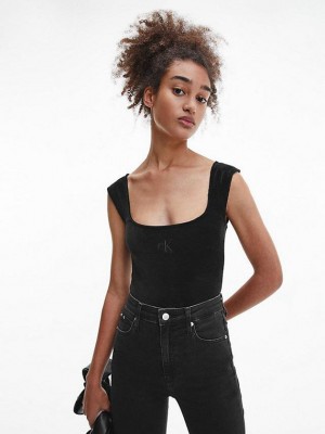 Black Calvin Klein Ribbed Velvet Women Bodysuit | TMXK-72965