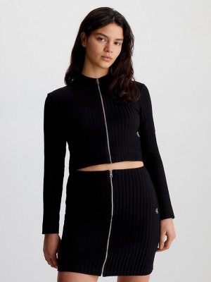 Black Calvin Klein Ribbed Zip-Through Cardigan Women Sweater | WKAN-06397