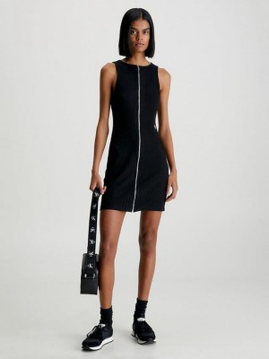 Black Calvin Klein Ribbed Zip-Through Mini Women Dress | BNYJ-95823