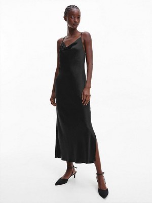 Black Calvin Klein Sateen Midi Slip Women Dress | QMPU-19302