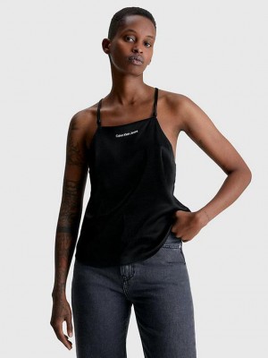 Black Calvin Klein Satin Cross Back Cami Women Top | OECT-01587