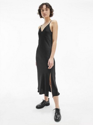 Black Calvin Klein Satin Midi Slip - CK Silhouettes Women Dress | JMRV-25931