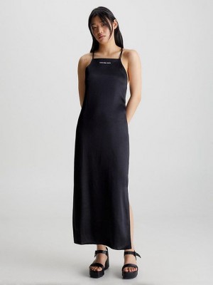 Black Calvin Klein Satin Open Back Maxi Women Dress | UIWD-87360