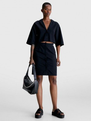 Black Calvin Klein Seersucker Cut Out Shirt Women Dress | INVU-14350