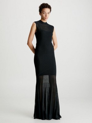 Black Calvin Klein Sheer Ottoman Women Dress | GHJA-17425