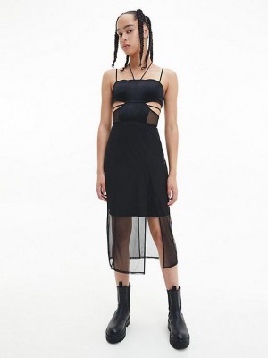Black Calvin Klein Sheer Panel Bodycon Midi Women Dress | XDYG-21850