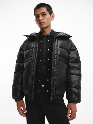 Black Calvin Klein Shiny Recycled Nylon Puffer Men Jacket | EFKD-74593