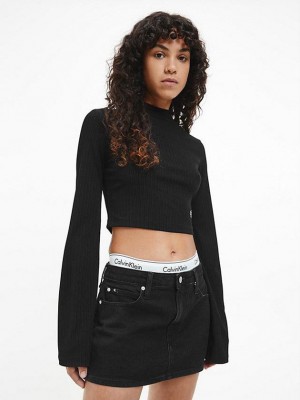 Black Calvin Klein Shiny Rib Long Sleeve Women Top | YXLS-21867