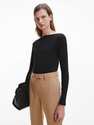 Black Calvin Klein Skinny Lyocell Jersey Women Top | RVKS-27481