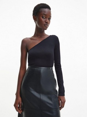 Black Calvin Klein Skinny One Shoulder Women Top | HXAW-14285