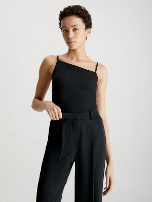 Black Calvin Klein Skinny Ribbed Asymmetric Women Top | DCJN-87216