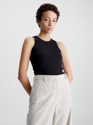 Black Calvin Klein Skinny Ribbed Fitted Tank Women Top | MCIE-80792