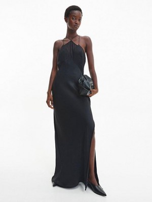 Black Calvin Klein Slim Chiffon Maxi Slip Women Dress | RKNL-16247