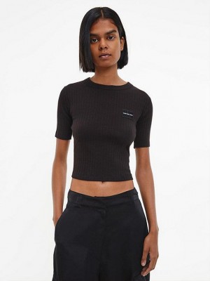 Black Calvin Klein Slim Cropped Badge Women T-Shirt | KHNS-04873