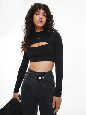 Black Calvin Klein Slim Cropped Cut Out Jumper Women Sweater | NBMW-81745
