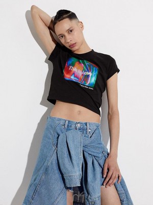 Black Calvin Klein Slim Cropped - Pride Women T-Shirt | CTZI-72506