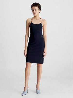 Black Calvin Klein Slim Crossback Slip Women Dress | WESG-56174