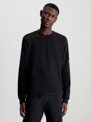 Black Calvin Klein Slim Long Sleeve Badge Men T-Shirt | ZXHK-84329