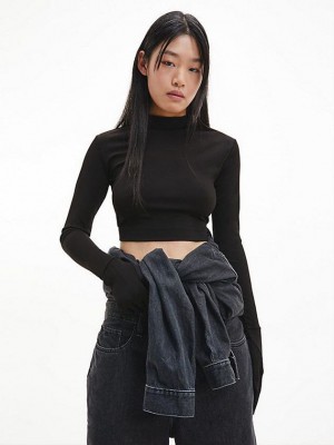 Black Calvin Klein Slim Long Sleeve Glove Women T-Shirt | AVHB-35167