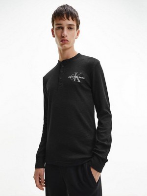 Black Calvin Klein Slim Long Sleeve Henley Men T-Shirt | JELD-83405