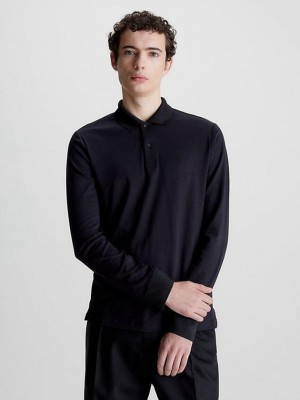 Black Calvin Klein Slim Long Sleeve Men Polo Shirt | JVHX-70452