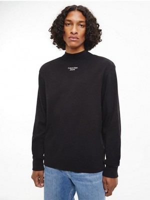 Black Calvin Klein Slim Long Sleeve Men T-Shirt | ECDF-50492