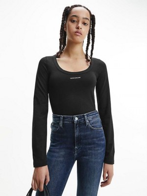 Black Calvin Klein Slim Long Sleeve Women T-Shirt | HSFW-41935