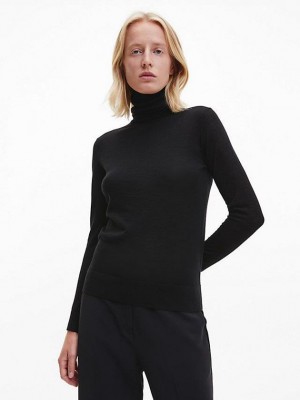 Black Calvin Klein Slim Merino Roll Neck Jumper Women Sweater | LQCZ-19824