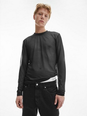 Black Calvin Klein Slim Mesh Long Sleeve Men T-Shirt | VTKI-51286