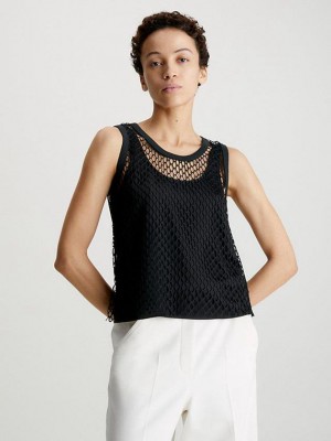 Black Calvin Klein Slim Net Layered Tank Women Top | EYVP-96801
