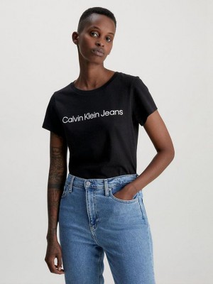 Black Calvin Klein Slim Organic Cotton Logo Women T-Shirt | MJKC-75012